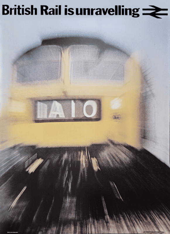 Spoof based on British Rail is Travelling (1970). Picture shows a Class 47 locomotive quite blurred but its headcode - 1A10 - can be seen.