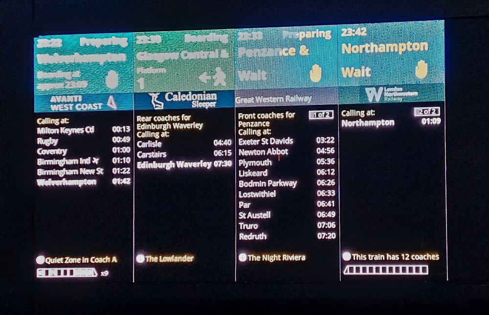 Timetable display at Euston showing four different train services. The first is Avanti West Coast for Wolverhampton at 23.22. The second is the Caledonian Sleeper for Glasgow Central and Edinburgh at 23.30pm. The third is the GWR night service to Penzance at 23.33pm. The fourth is at 23.42 for Northampton.