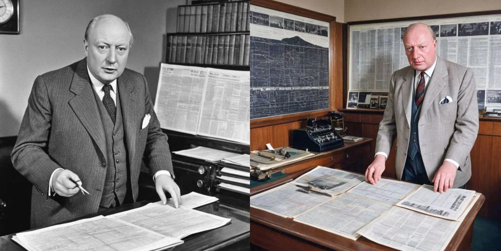 The Doctor Beeching (apparently) at work in his office at British Railway Headquarters, Marylebone. Both pictures show a guy standing at his desk with either drawings or newspapers and are books and more drawings on the shelves and walls behind.