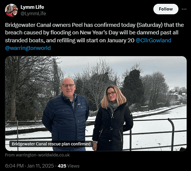 Bridgewater Canal owners Peel has confirmed today (Saturday) that the breach caused by flooding on New Year’s Day will be dammed past all stranded boats, and refilling will start on January 20 @CllrGowland @warringtonworld