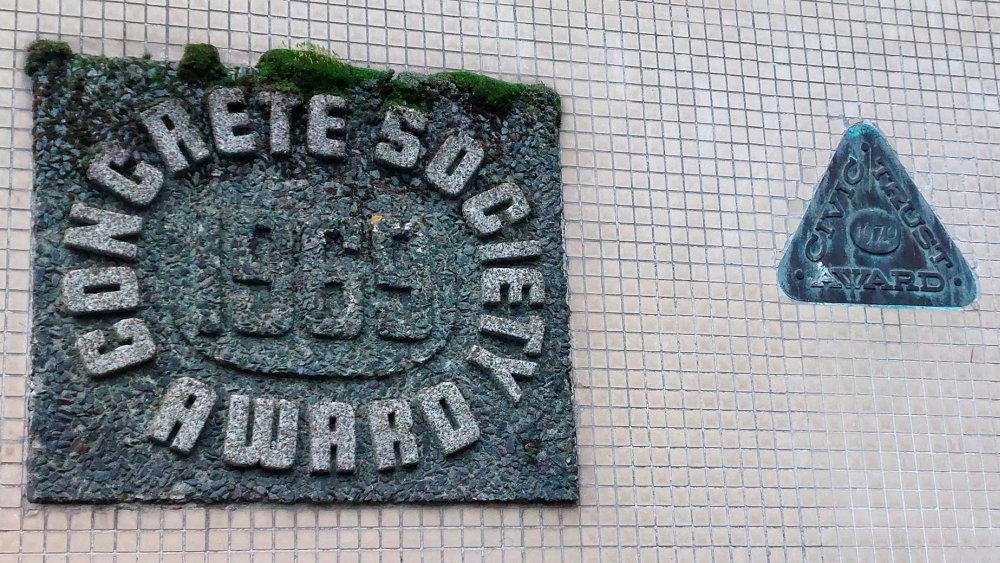 Left: Concrete Society award plaque 1969. Right: Civic Trust award badge 1970.