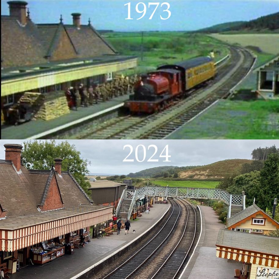A Weybourne before and after from Facebook. Top picture is taken in 1973 during the recording of the Dad's Army episode The Royal Train. The bottom picture is basically the same view, except in 2024 the station now has a footbridge. IN both pictures the station can gnerally be seen and the tracks curve away towards the left into the distance. There is a hill in the background and it is basically unchanged over 51 years. The North Sea can just be seen in the distance in both views.