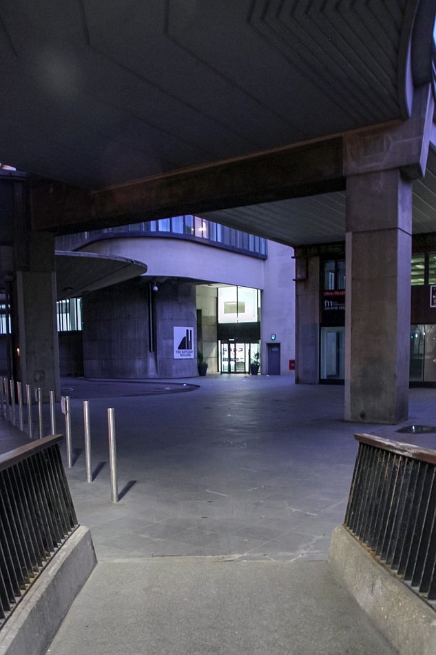 The some what darkly lit route for pedestrians beneath the Westway to the main entrance of the Battleship building. Not a very bright or convivial aspect really!