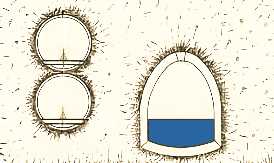 Basic drawings by Behr showing how his intended monorail system would traverse the hill below Islington alongside the canal tunnel.