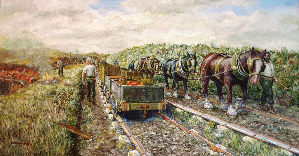 Depiction of the Blisworth tramway. The twin pair of plateway rails can be easily seen. A train on the left is heading south whilst on the right a train heading north is pulled by three horses and a gaffer in the lead. The trucks are carrying goods but the only wares that can be identified are an urn and a barrel. 