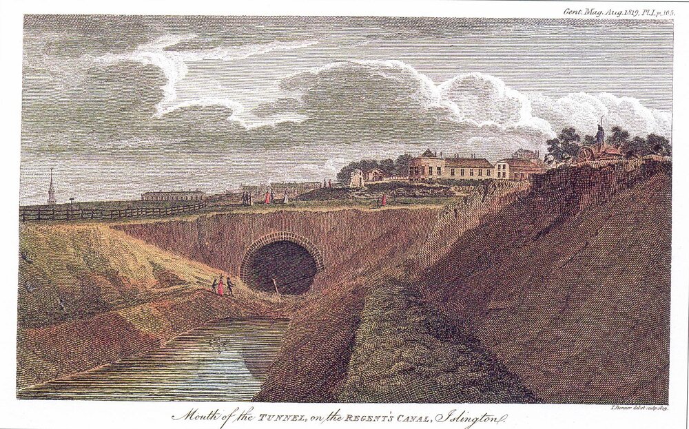 Engraved colour drawing of the 'mouth of the tunnel on the Regent's Canal, Islington.' It shows the partially completed tunnel entrance and three figures looking at it. Upon the hill top above various buildings of Islington itself can be seen including the White Conduit House.