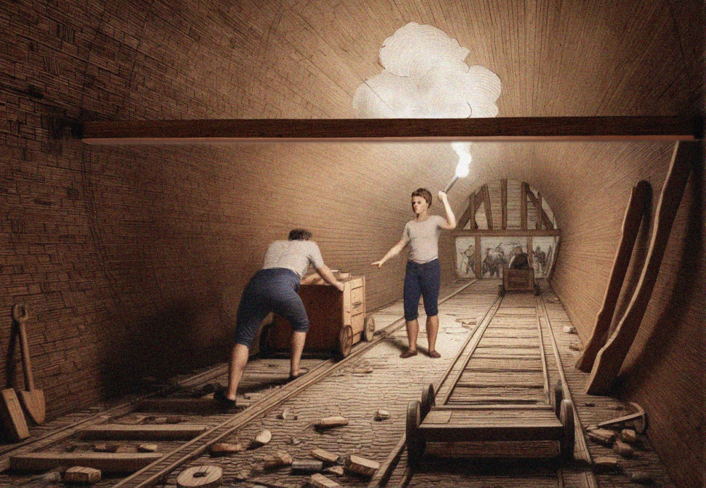 Navvies at work in the Islington canal tunnel. Three trucks can be seen in use on the wooden tramway that was used in the tunnel's construction. A navvy is pushing one truck in the direction of the tunnels portal whilst another navvy holds up a flame in order to illuminate the first navvy's progress. There are mysterious figures in the distance, these are possibly other workers. About the site can be seen various implements including spades and timber struts.