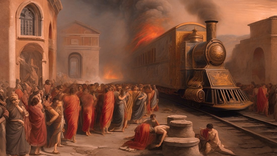 Pompeii in AD79 when Vesuvius erupted and engulfed the town. A huge dome of fire can be seen behind the train seen in the picture as Romans scramble to escape the calamity. Some, seen in the foreground, are already succumbing to the toxic gases the volcano is issuing.