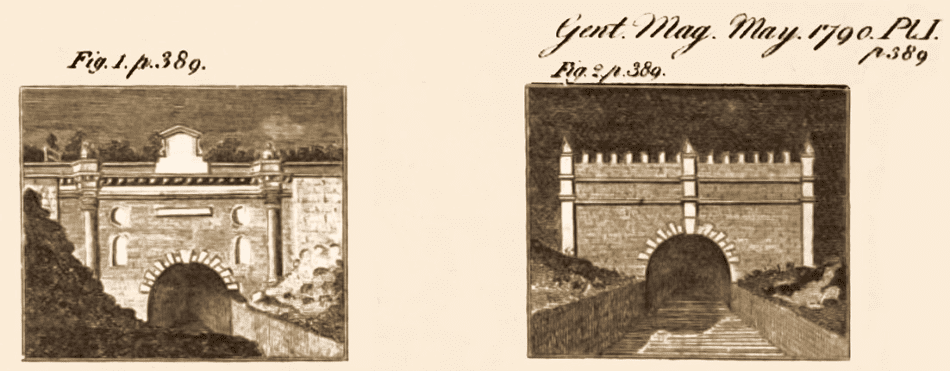 Official canal company pictures. These are basic pencil drawings - at left is the Coates portal and at right is the Daneway portal.