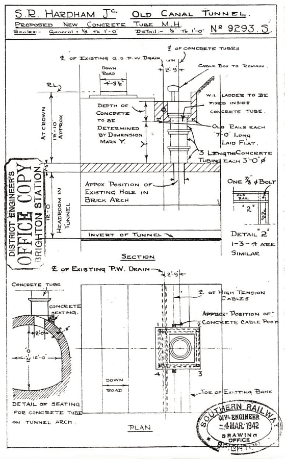 Southern Railway plans from 1942 showing the design for a new concrete shaft to be built from the railway formation above down to the canal tunnel. The title of the drawing is S.R Hardham Jc, Old Canal Tunnel.
