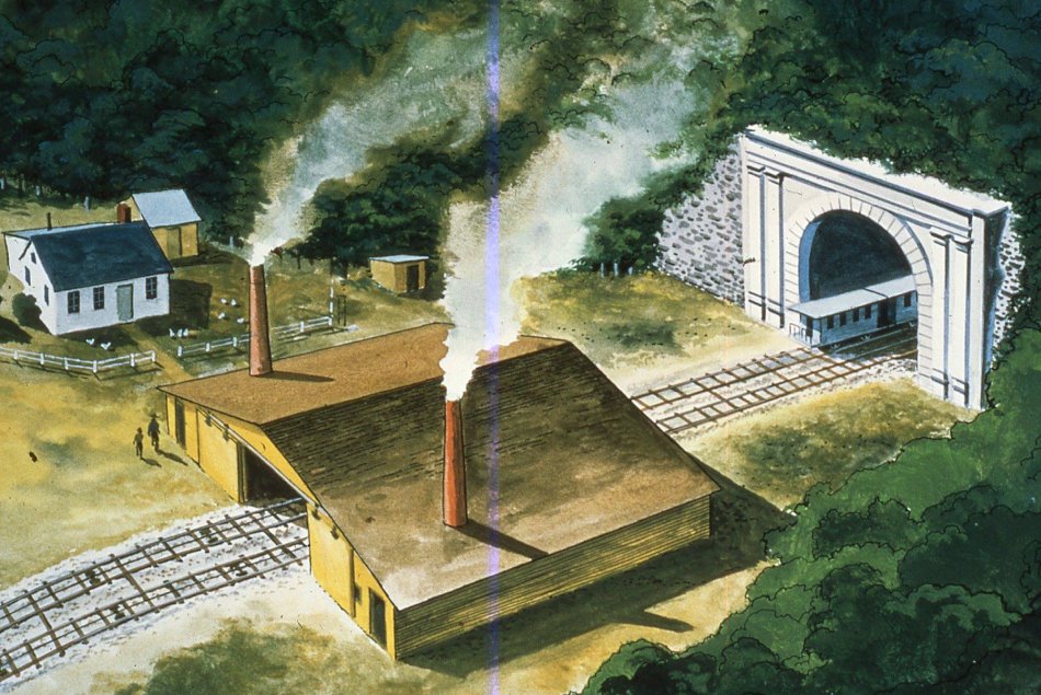 Conceptual drawing of the Staple Bend tunnel and the incline plane, which chimneys belching out smoke. There is a train just by the tunnel entrance but it doesn't seem like how they should be. There is a farm to the upper left of the incline plane buildings.