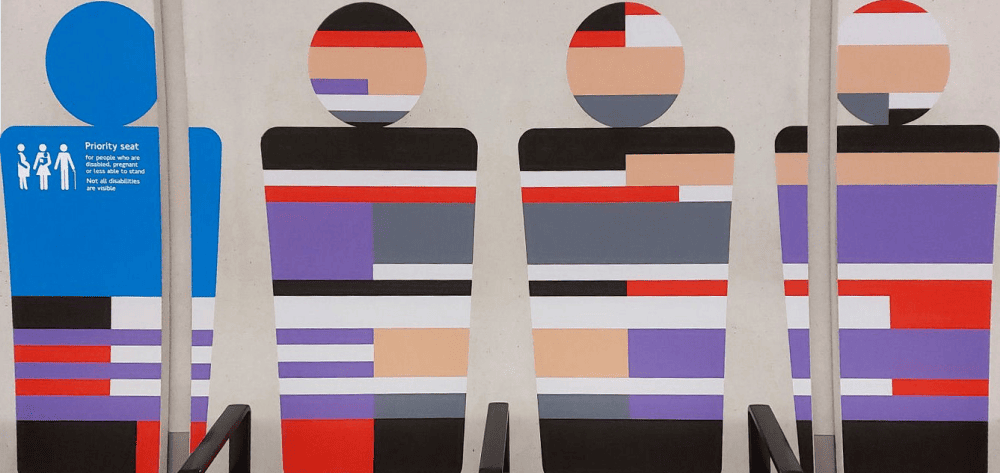 The four seat covers at each station represents the lines served by these interchange stations. They're basic variations on TfL's seat moquette designs.