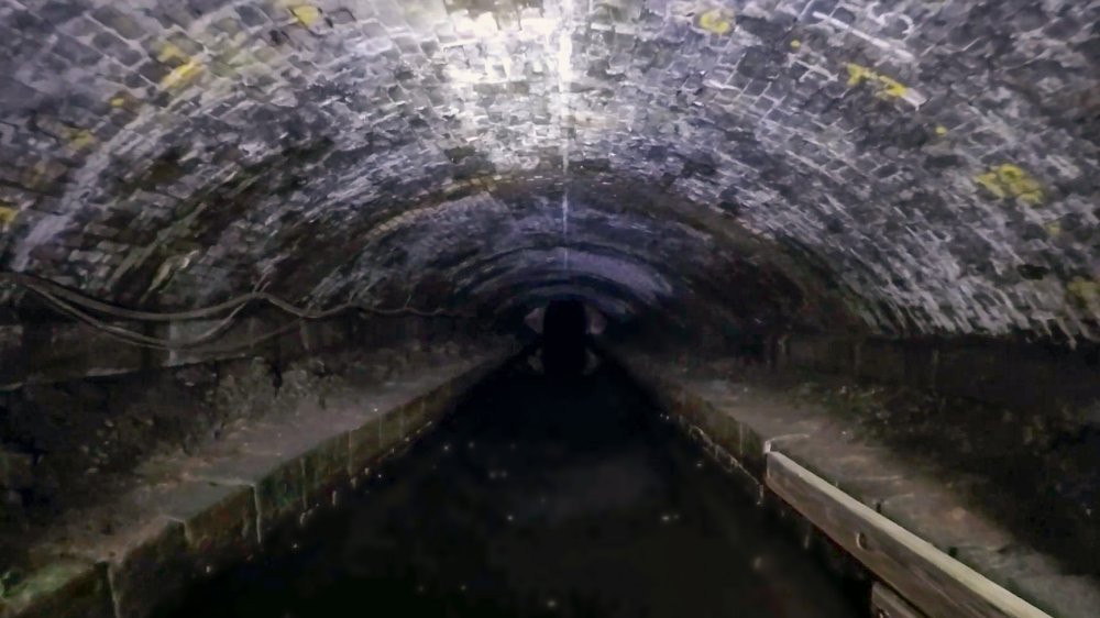 The canal tunnel at the other end where the Transpennine railway crosses it. The tunnel was rebuilt and it has a much wider appearance as seen here. The original tunnel size can be seen in the middle distance and the difference between the two section is substantial.
