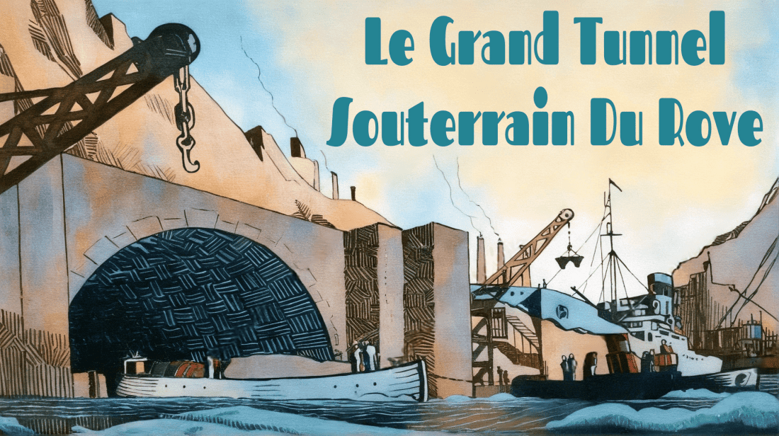Le plus grand canal souterrain - picture shows a cartoon style of drawing of the new canal tunnel and a barge being hauled out of it by a tug. There is a ship at the quay being unloaded. 