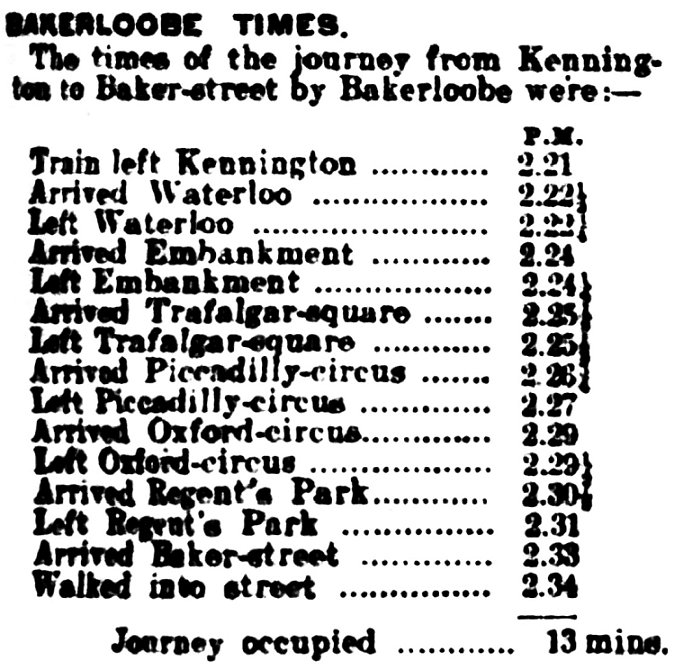 Bakerloo times:
The times of the journey from Kennington to Baker Street by Bakerloobe were:-
Train left Kennington 2.21 pm.
Arrived Waterloo 2.22½.
Left Waterloo 2.22½.
Arrived Embankment 2.24.
Left Embankment 2.24½.
Arrived Trafalgar Square 2.25½.
Left Trafalgar Square 2.25½.
Arrived Piccadilly Circus 2.26½.
Left Piccadilly Circus 2.27.
Arrived Oxford Circus 2.29.
Left Oxford Circus 2.29½.
Arrived Regent's Park 2.30½.
Left Regent's Park 2.31.
Arrived Baker Street 2.33,
Walked into street 2.34 pm.