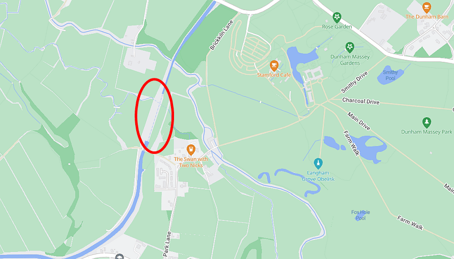 Screencap of the map from Cheshire East council. To the left of centre of the map can be seen where the missing Bridgewater canal has been marked with a red circle.